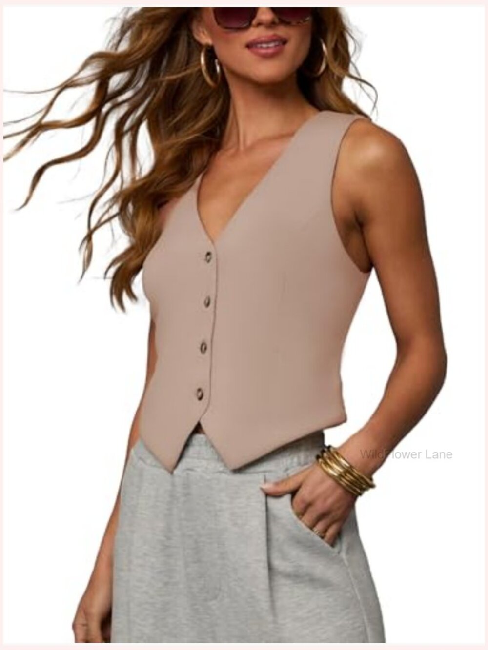 Cropped Vest Top V Neck Button Down Sleeveless Business Casual Tank - Picture 3 of 7